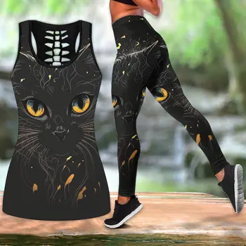 קיץ אופנה חליפת חתול לוגו חתול שחור אימה הדפסה יוגה מכנסיים להגדיר XS-8XL