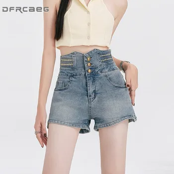 קיץ לבנה נשים מכנסי ג 'ינס קצרים עם מסמר 2023 גבוהה המותניים רזה בציר רזה לא סדיר ג' ינס מכנסיים קצרים נשיים