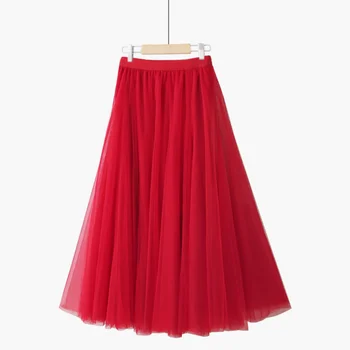 קיץ קלאסי 20 חלקים תפרים אתני בסגנון רטרו חצאיות ארוכות נשים סתיו אדום מוצק קפלים סלים פיה רשת חצאית נשית