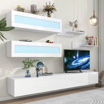 קיר הר צף טלוויזיה עם ארבעה אמצעי אחסון ארונות, שני מדפים מבריק מרכז בידור עבור 95+RGB LED