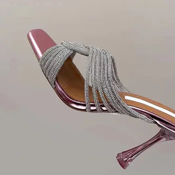 קריסטל רצועה בסדר נעלי העקב כיכר בוהן פתוח נקבה משאבות סנדלים פשוטות להחליק על נשים פרדות Slingback פאטוס Mujer