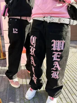 רטרו פאנק הגותי מכתב הדפסה גבוהה המותניים ג ' ינס נשים Y2K סטריט היפ-הופ Harajuku מזדמנים מכנסיים סקסי כל-התאמה מכנסיים רחבות גברים