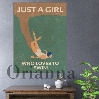 רק בחורה שאוהבת לשחות ירוק פוסטר קיר אמנות הדפס בעיצוב וינטג ' בד הציור
