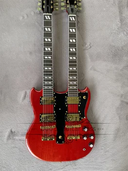 שתי הצוואר גיטרה חשמלית 1275 אדום מהגוני גיטרה הגוף 22 סריגים לבן פנינה שיבוץ HH טרמפים במיוחד Tailpiece זהב מקלטים