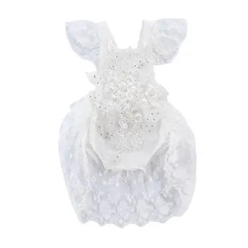 תינוק לתינוקת תחרה 3D פרח רקמה פנינה מתוק נסיכה רומפר, לבן הצווארון המרובע Falbala טיסה שרוול סרבל
